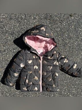 Carter's Black Puffer Jacket with Gold Hearts and Pink Fleece